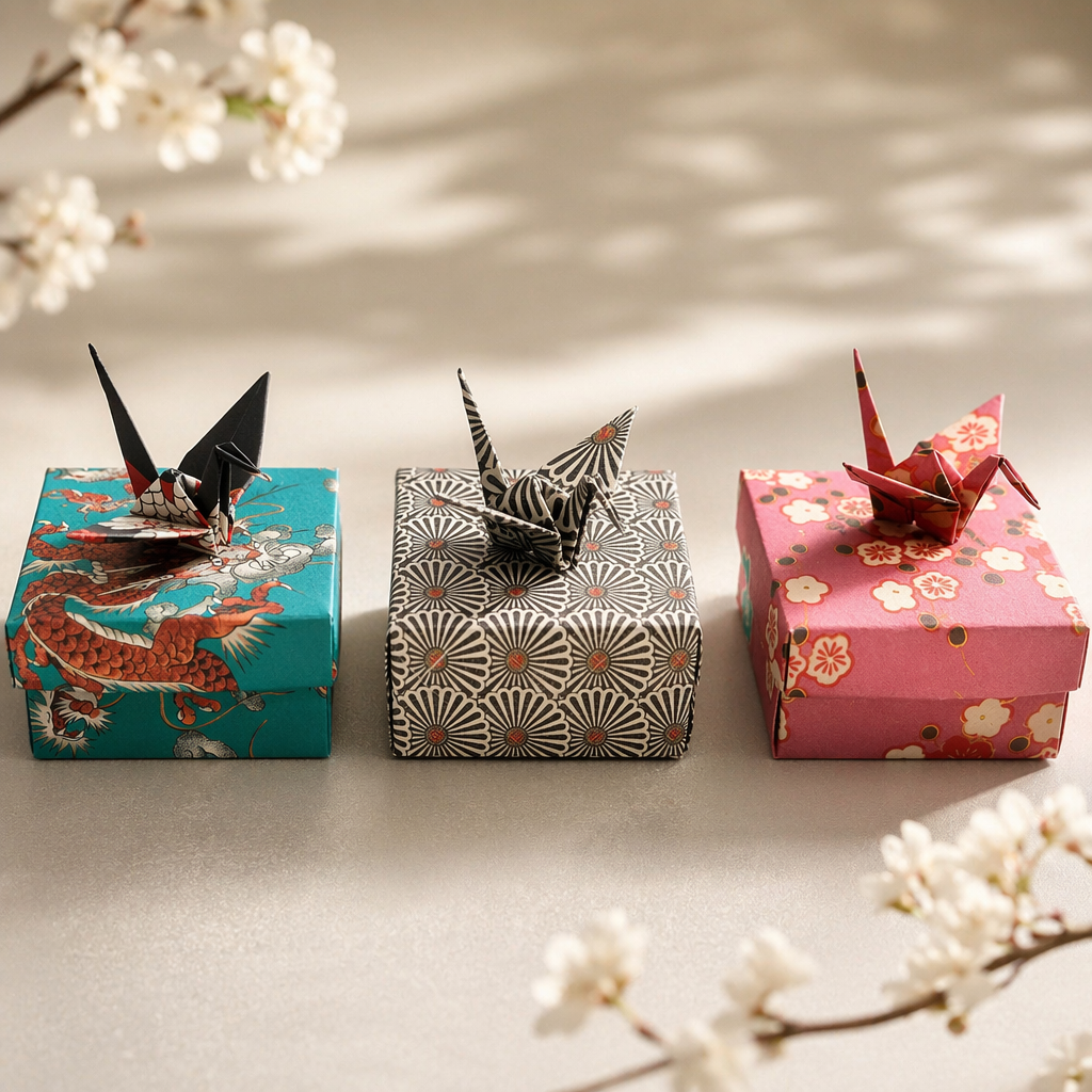 Design deck preview — origami cranes perched atop three tiered washi gift boxes