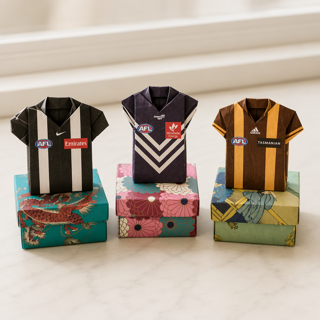 Origami AFL jerseys presented on custom washi origami gift boxes