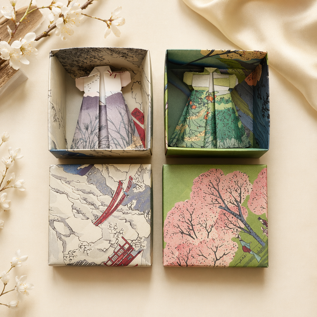 Open origami gift boxes with origami dresses inside
