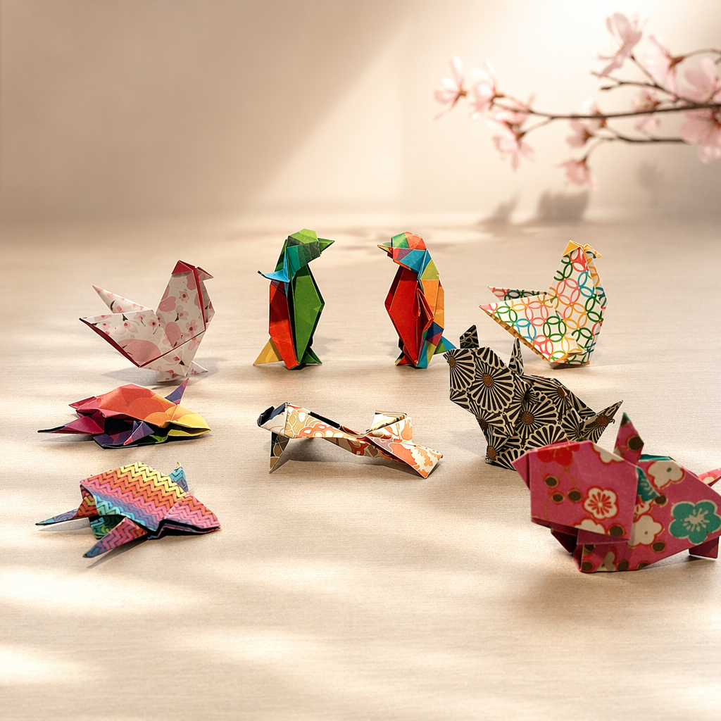 An assortment of origami animals in vibrant patterns