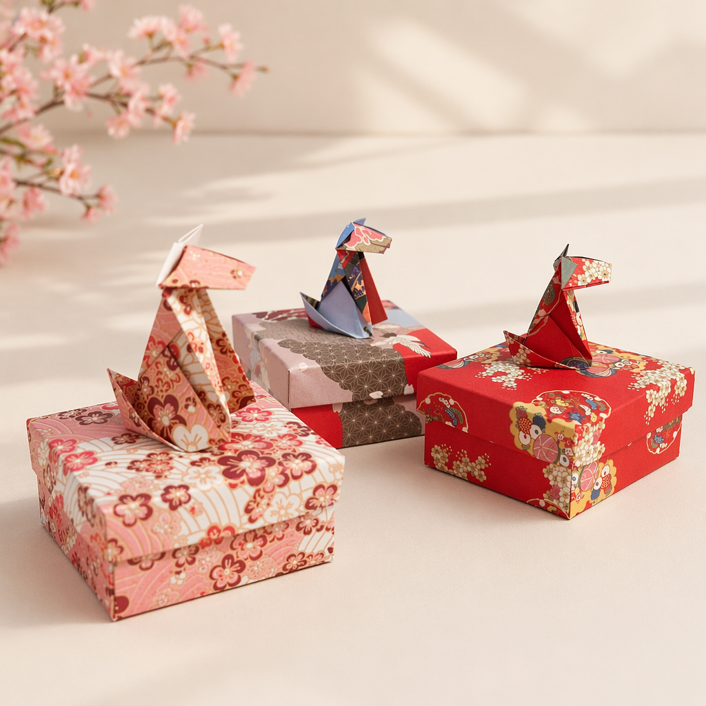 Origami cranes perched on floral washi paper gift boxes