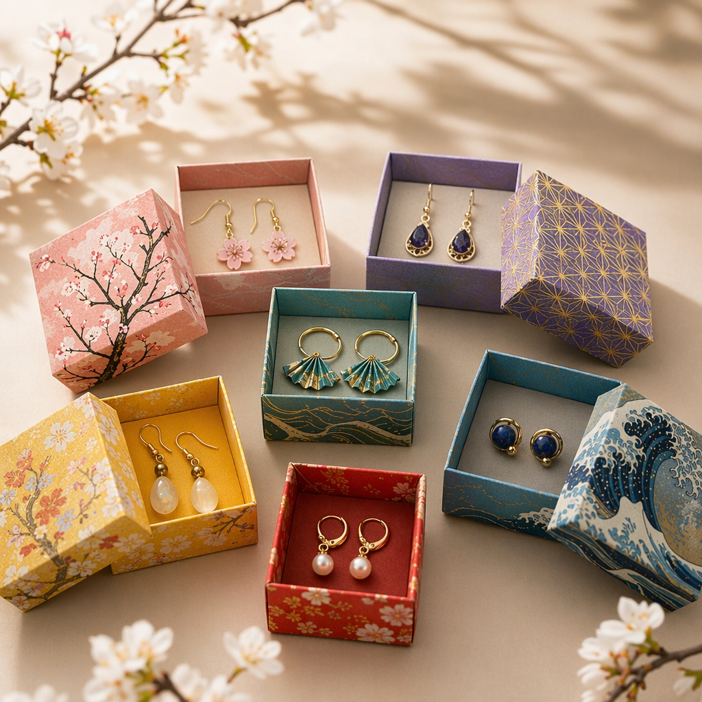 Patterned origami gift boxes displaying pairs of earrings — industry-specific gifting for a jewellery brand
